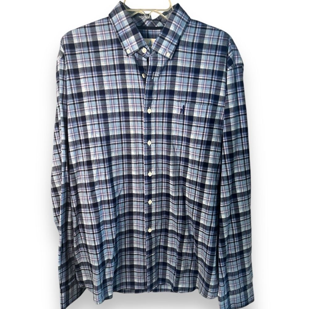 Johnnie-O Hangin' Out Long Sleeve Button-Down Plaid Shirt Blue Cotton Size XL